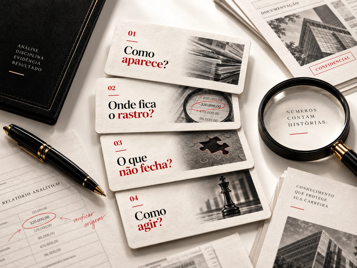 Quatro cartões numerados: como aparece, onde fica o rastro, o que não fecha e como agir