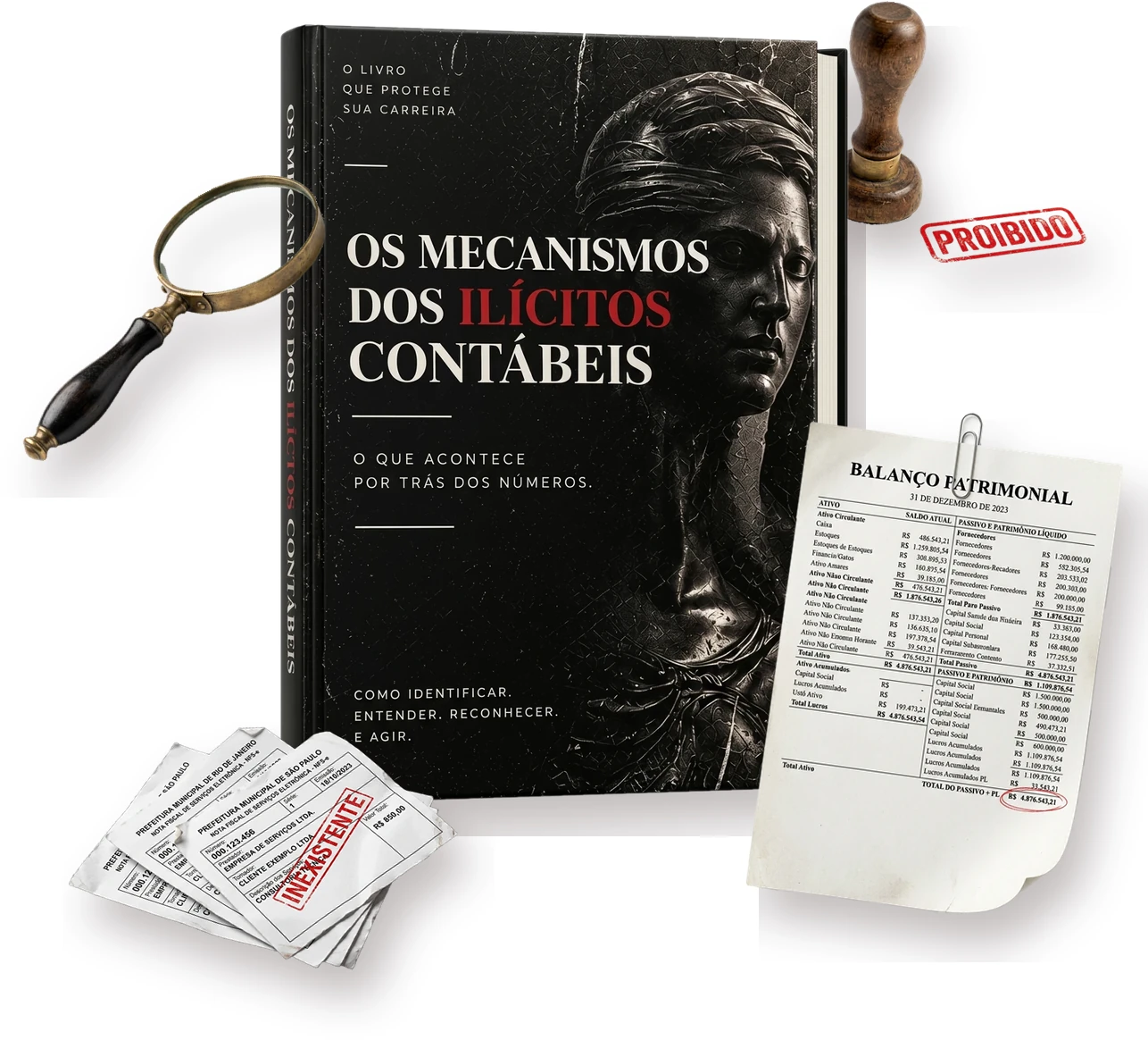 Livro Os Mecanismos dos Ilícitos Contábeis com lupa, carimbo de proibido, balanço patrimonial e notas fiscais